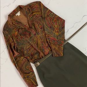 Paisley print long sleeve blouse - olive green base color